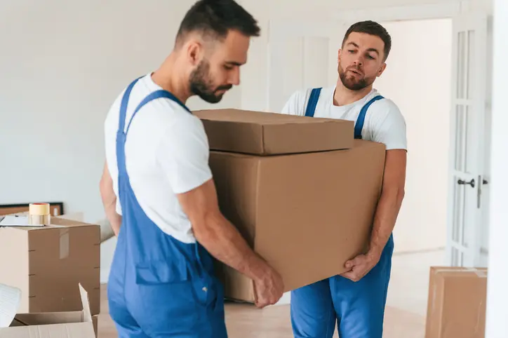 One big heavy box. Two moving service employees in a room.
