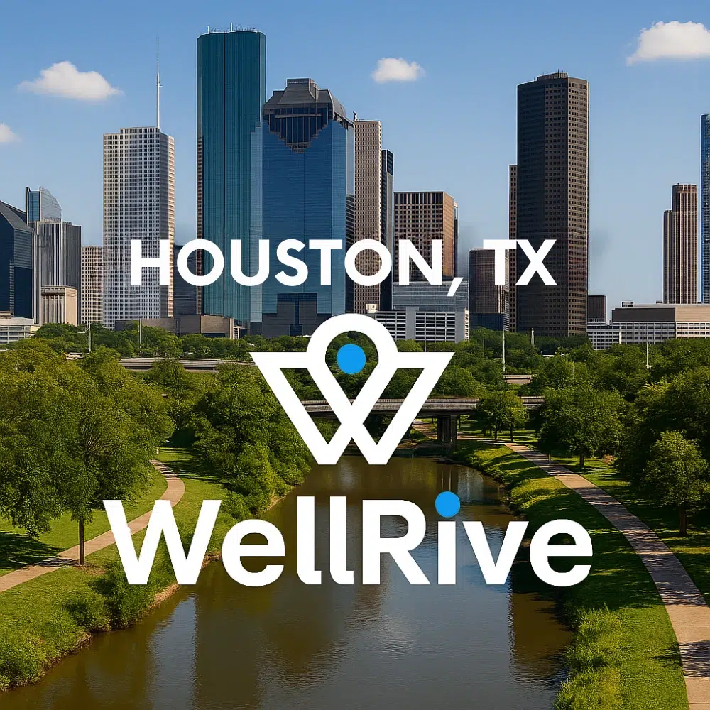 background image of houston, tx with wellrive logo