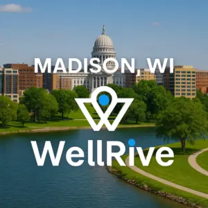 background image of madison, wi with wellrive logo
