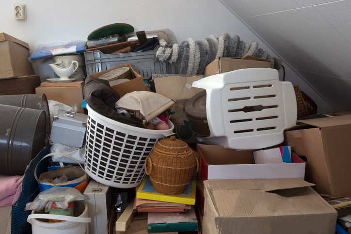 A pile of cluttered belongings in the home of a hoarder.