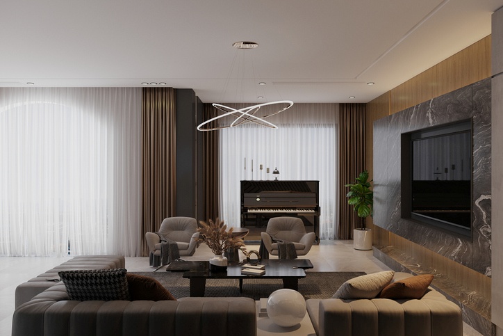 A living room staged with modern furniture.