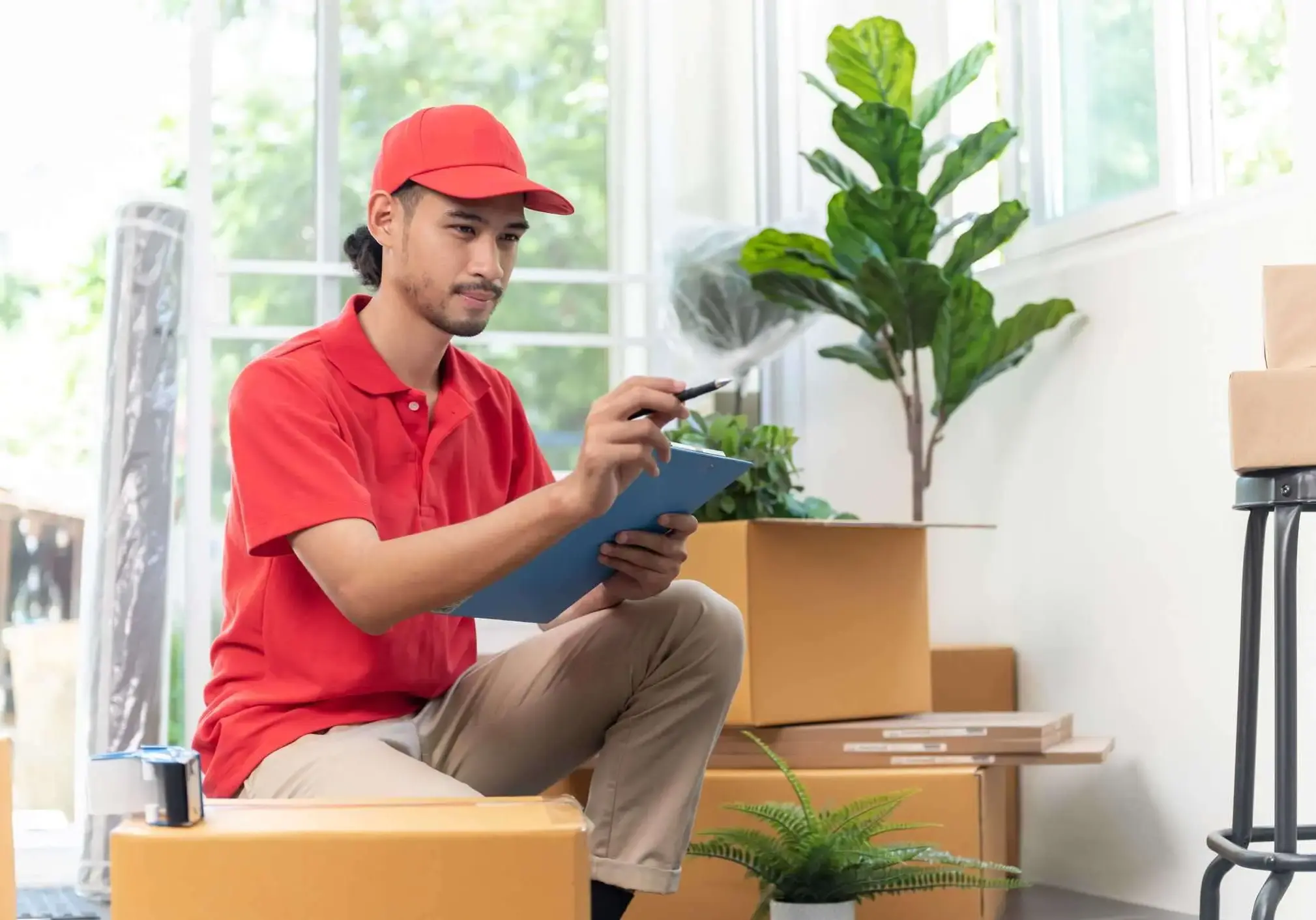 A professional completing a packing checklist for a customer.